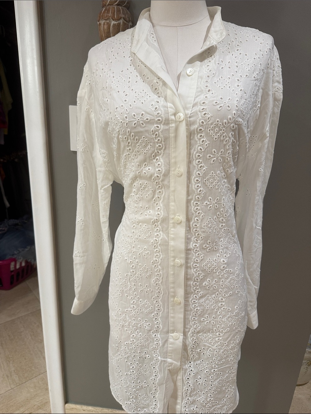 Fifteen Twenty White Broderie Anglaise Long Sleeve Shirt Dress